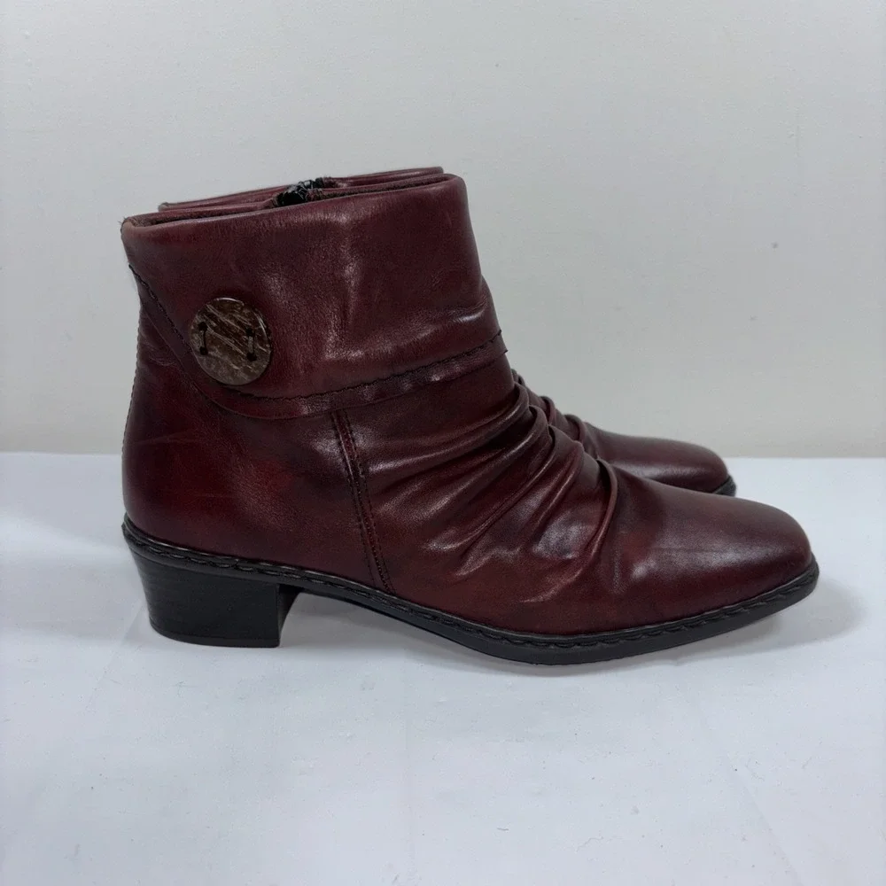 Rieker Kendra 40 Burgundy Soft Leather Ankle Boots Slouch‎ Shoes Zip Up Comfort